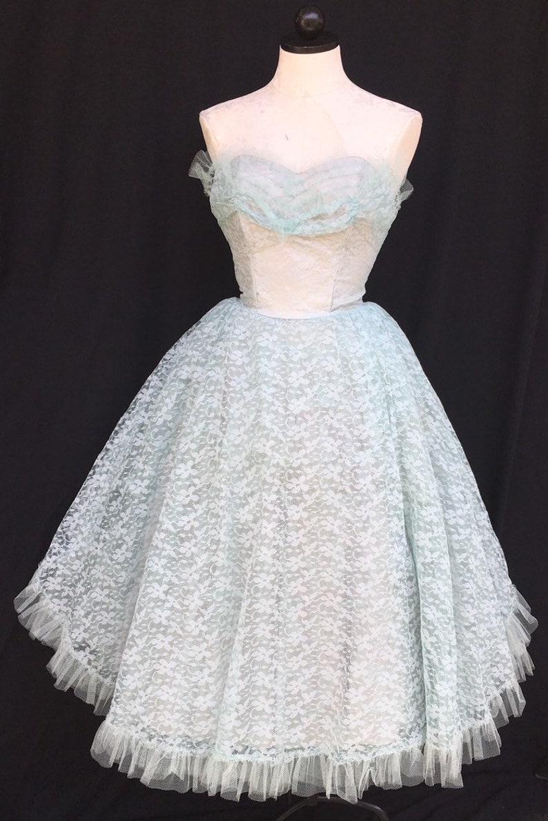 Blue Lace and Tulle vintage 1950s party prom dress S XS 24 waist