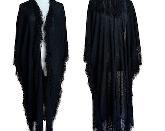 French Rags Vintage 70er 80er Jahre Boucle Fransen gestrickter schwarzer langer Duster-Pullover Passt S bis L