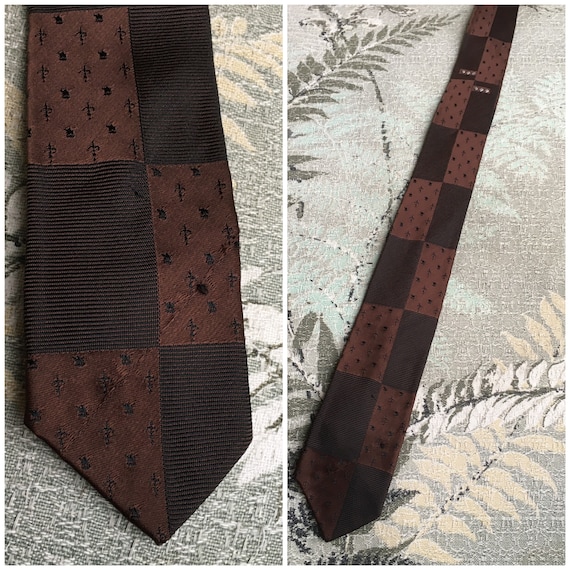 Vintage 50s 60s chocolate brown tie checkered tin… - image 1