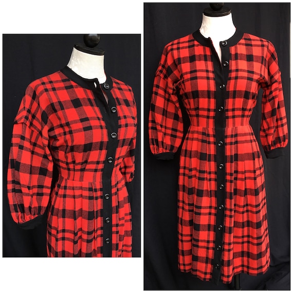 40s vintage dress Red Black Plaid Wool Balloon Sle