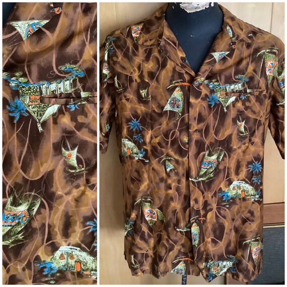 1950s 1960s Cotton Reef men’s Hawaiian Shirt boats