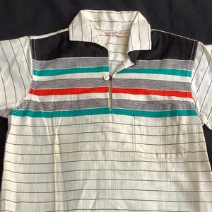 Vintage 50s rockabilly striped pullover kids shirt sz 12 Carnegie teal black white orange midcentury sz 12 boys girls child