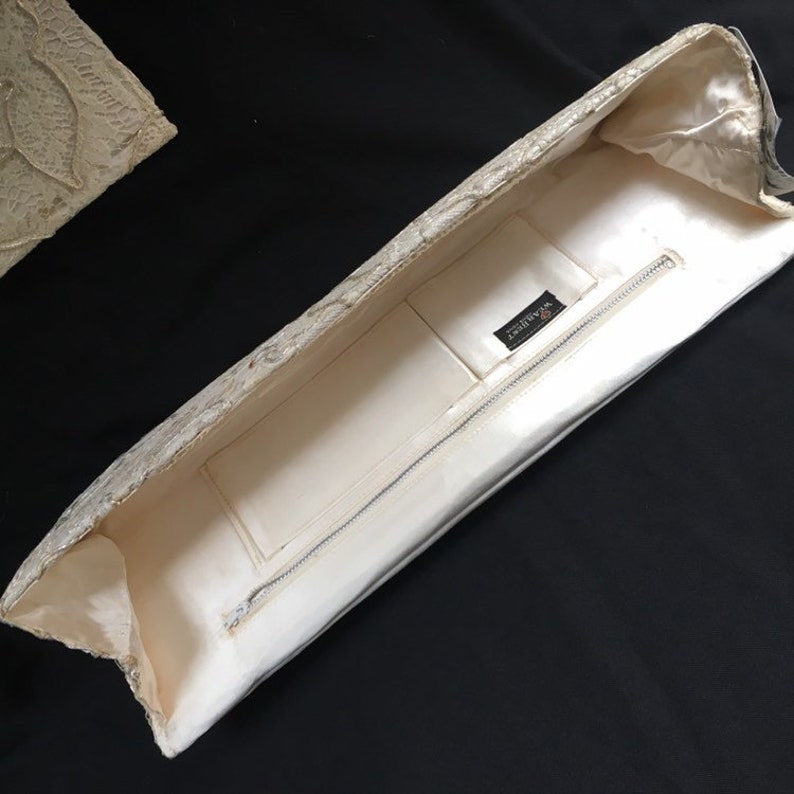 Vintage 50s white cream lace clutch purse shimmering beaded evening bag extra long Unique Vintage