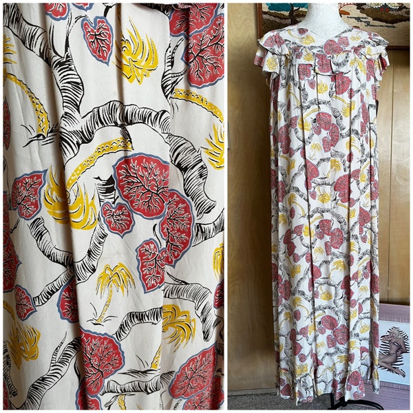 1940s rayon Hawaiian tropical print mu'umu'u dress sz M L XL