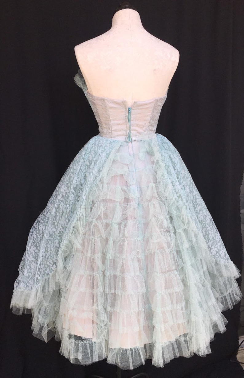 Blue Lace and Tulle vintage 1950s party prom dress S XS 24 waist