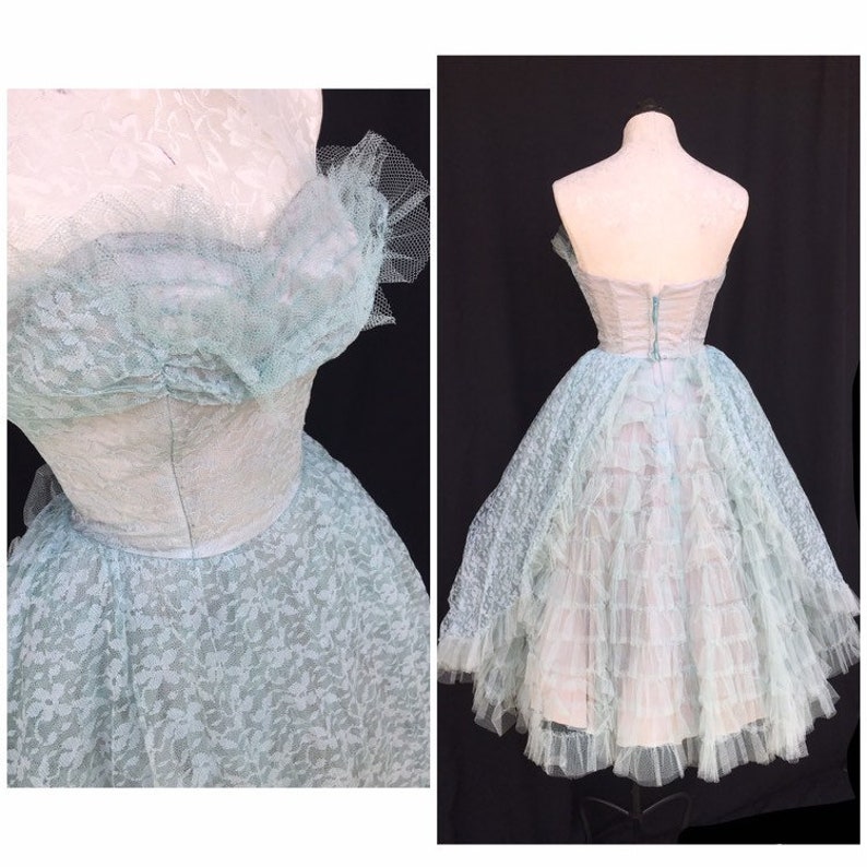 Blue Lace and Tulle vintage 1950s party prom dress S XS 24 waist