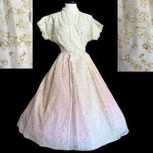 Dreamy Vintage 50s Floral Dressing Gown by Dorian Wrap Dress Sheer w/Pockets sz M 29” waist Surplice *Flawed but Fabulous*