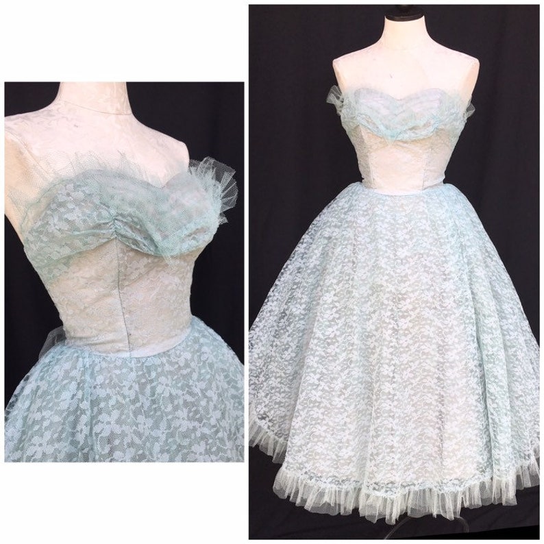 Blue Lace and Tulle vintage 1950s party prom dress S XS 24 waist