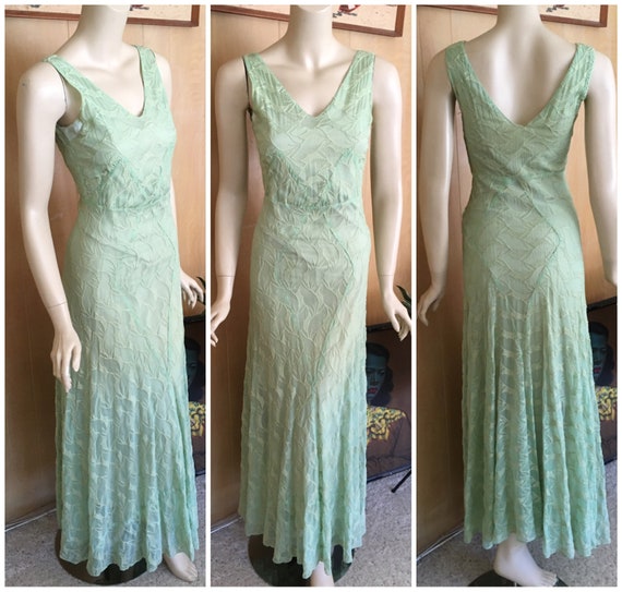 vintage 30s sheer green leaves nylon chiffon gown