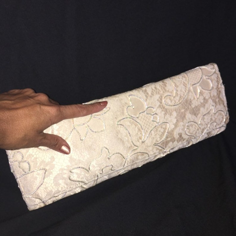 Vintage 50s white cream lace clutch purse shimmering beaded evening bag extra long Unique Vintage