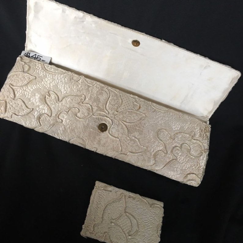 Vintage 50s white cream lace clutch purse shimmering beaded evening bag extra long Unique Vintage
