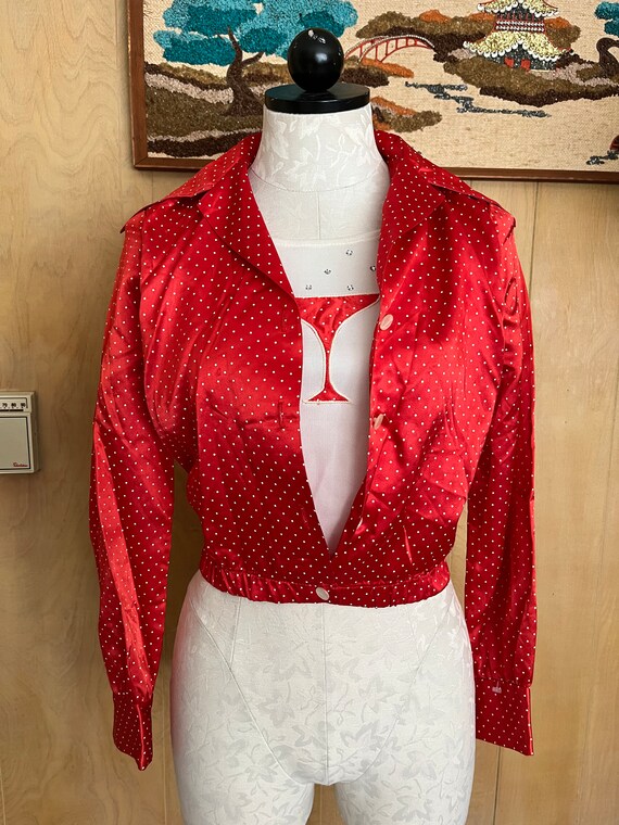 Vintage 70s red satin shirt-jac blouse Champagne … - image 2