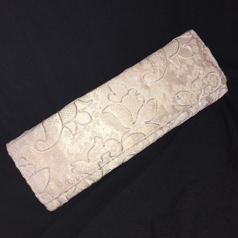 Vintage 50s white cream lace clutch purse shimmering beaded evening bag extra long Unique Vintage