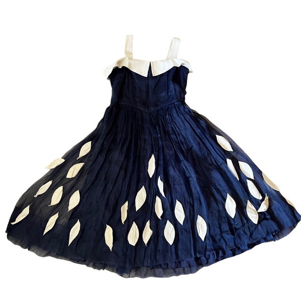 Vintage 50s Navy Blue Organza Dress w White Cotton Trim Hawaiian Party Gown Volup XXL Lois Russell Honolulu 47” waist 52” bust