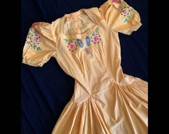 Vintage 1930s marigold yellow cotton frock with puffy sleeves and stunning multicolored embroidery Sz S XS Wounded but Wonderful Project
