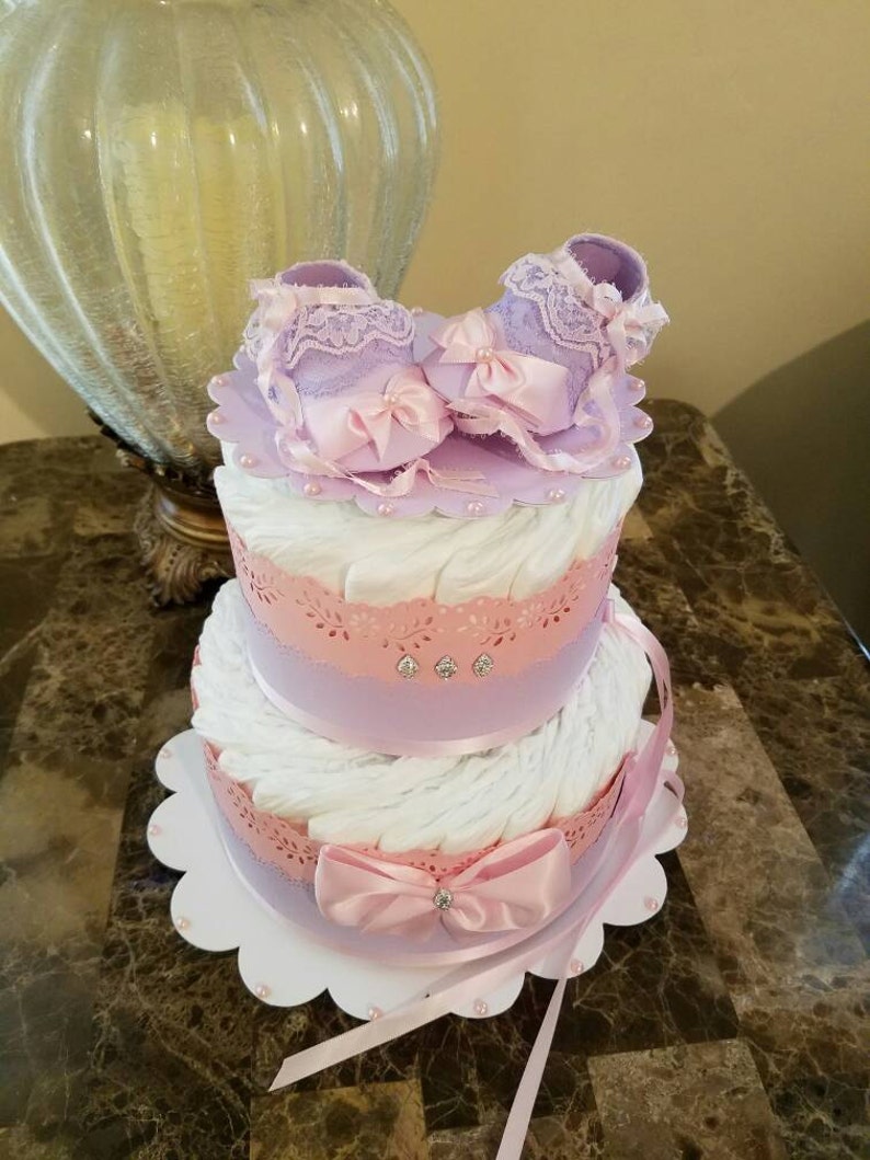 Two Tier Lavender And Pink Diaper Cake Gift For Baby Girl Etsy