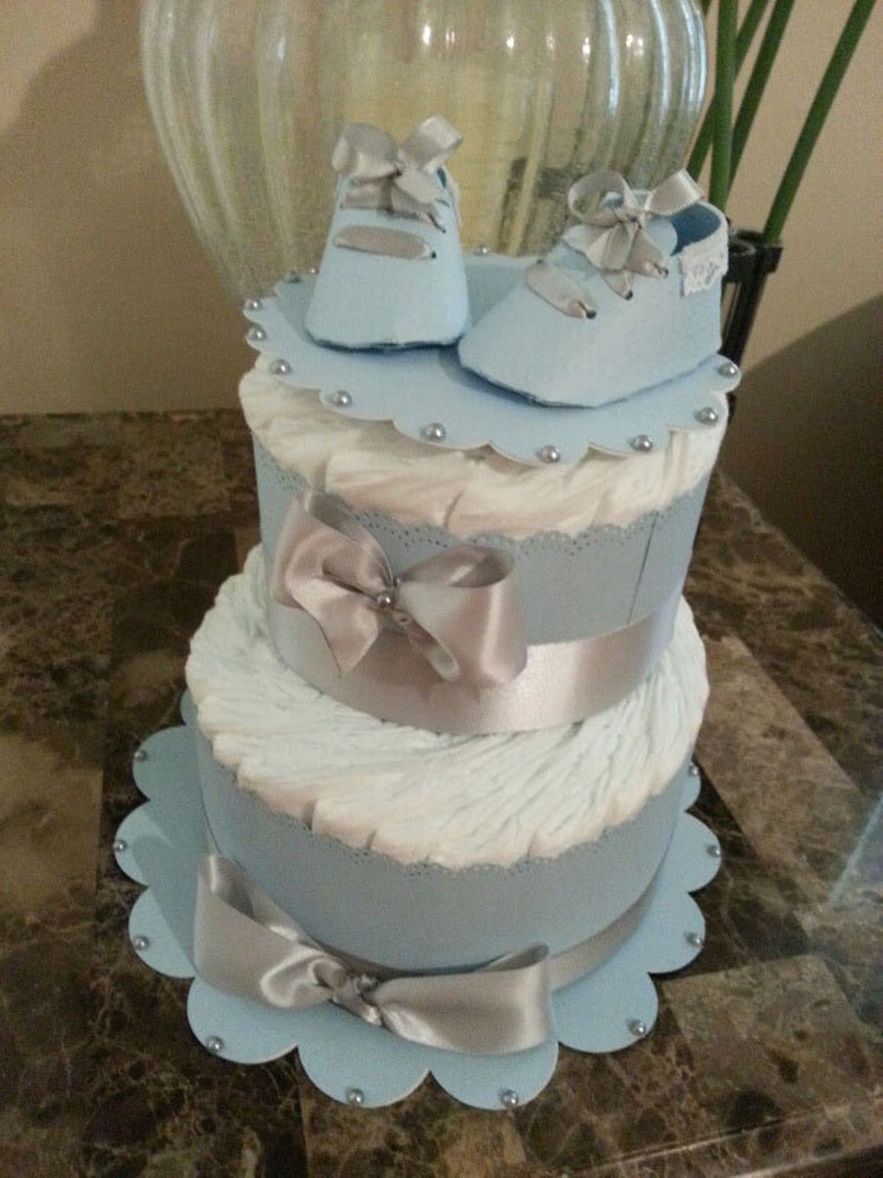 Two Tier Blue Diaper Cake For Baby Boy Baby Shower Etsy
