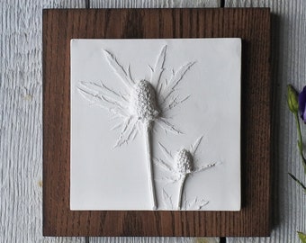 Sea Thistle No.1 Plaster Cast Tile Mounted on Wood, botanical art, flower tile, nature art, gifts for her, Birthday gifts, gifts for home