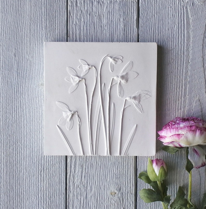 Snowdrops No.4 plaster cast plaque, nature tile, mothers day gifts, gifts for her, gifts for him, gifts for home, nature art image 1