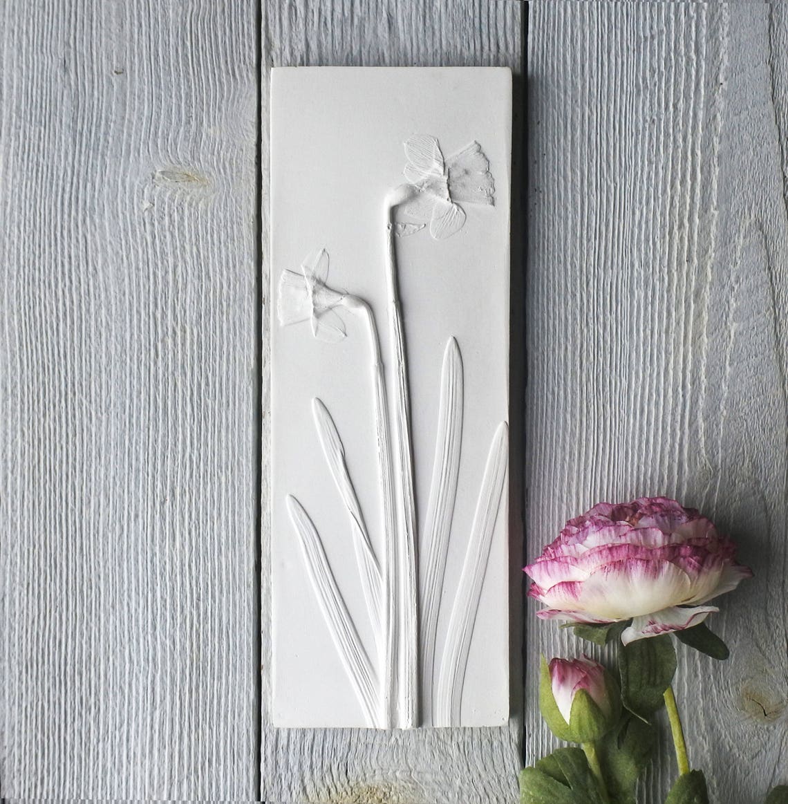 Daffodils Plaster Cast Tile Mounted on Wood, Botanical Art, Flower Tile