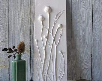 Poppies & Crocosmia Limited Edition, Plaster Cast Wall Art Tile, botanical art, flower tile, gardeners gift, wedding gifts