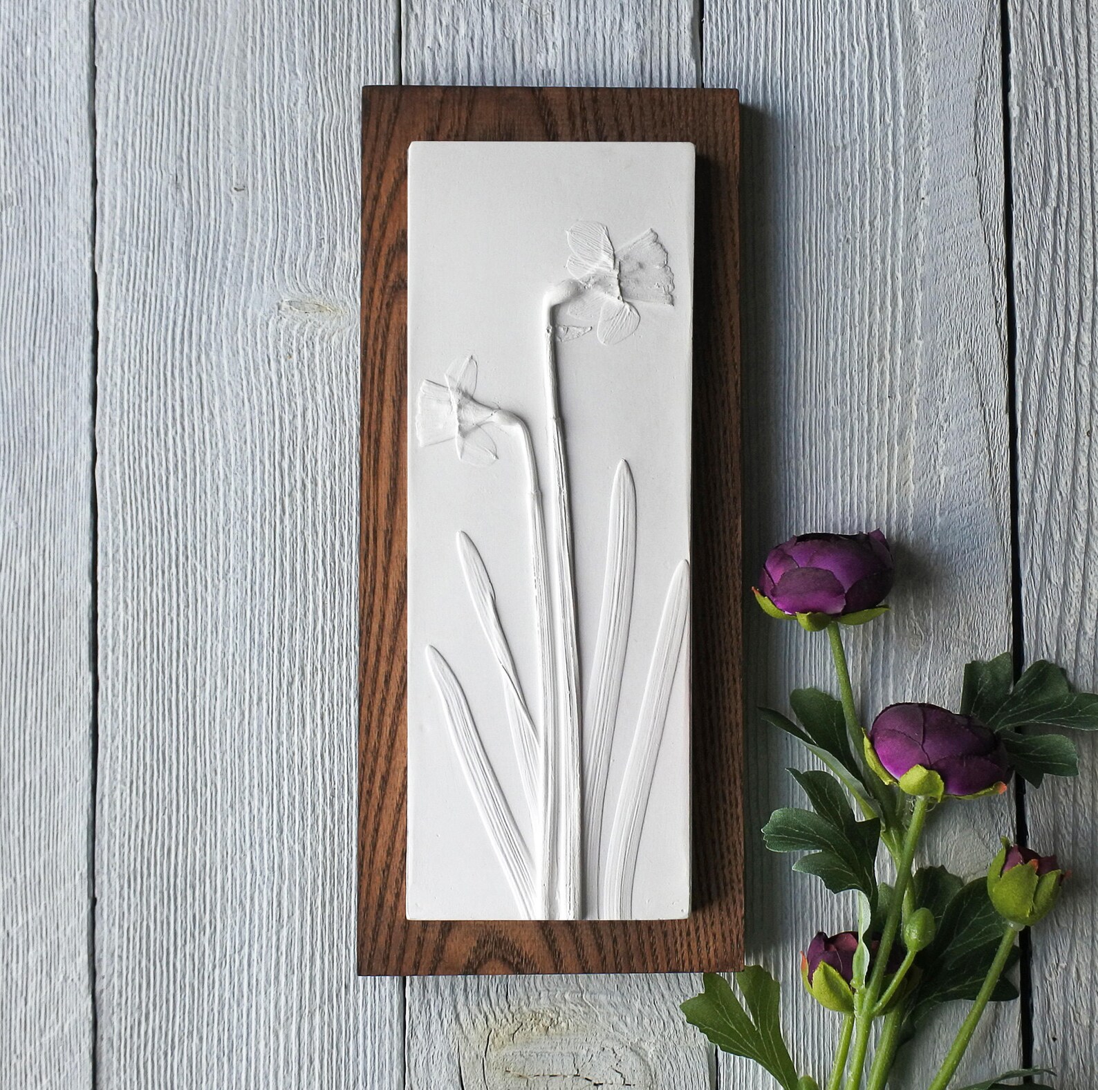 Daffodils Plaster Cast Tile Mounted on Wood, Botanical Art, Flower Tile