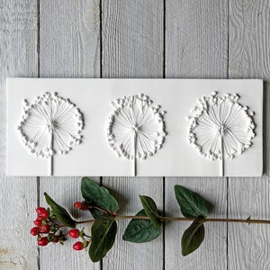Three Alliums, Plaster Cast Wall Plaque - 14.5 x 40 cm (5 3/4 x 15 3/4&#39;&#39;). Botanical art, flower tile, gardeners gift, bass relief plaster