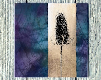 May include: A black and white illustration of a thistle flower on a textured background with shades of blue and purple.