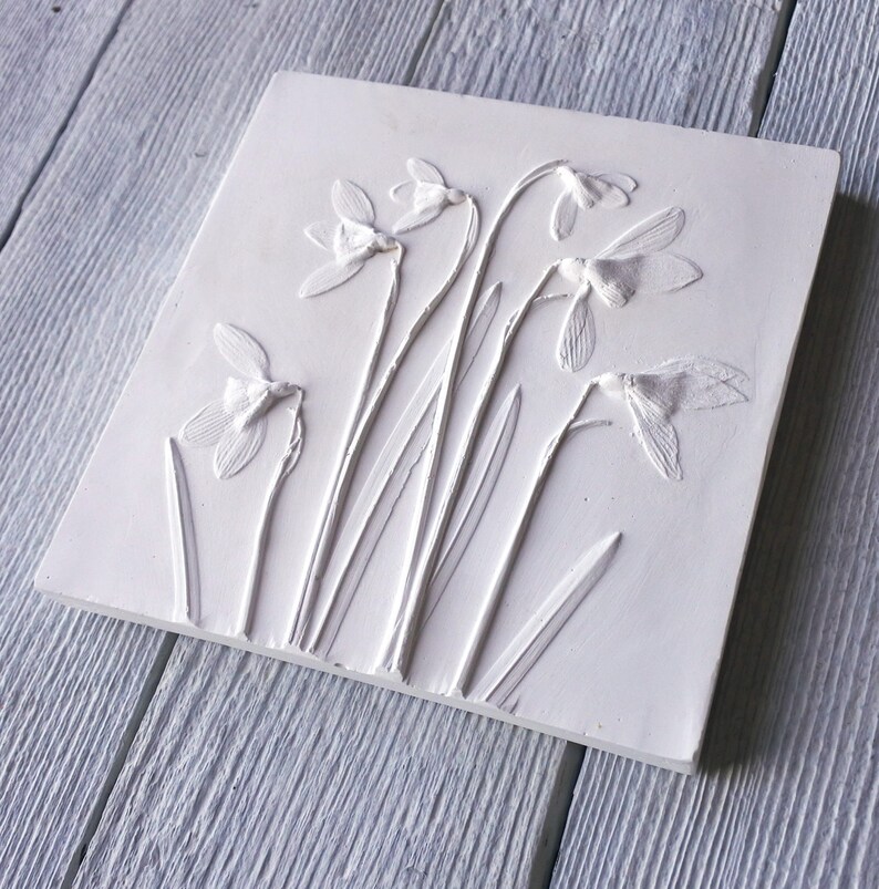 Snowdrops No.4 plaster cast plaque, nature tile, mothers day gifts, gifts for her, gifts for him, gifts for home, nature art image 3