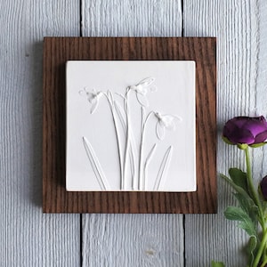 Snowdrop No.1 Limited Edition, Plaster Cast Plaque, botanical art, flower tile, nature art, gifts for her, wedding gifts, gifts for home image 1