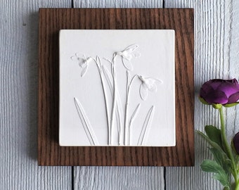 Snowdrop No.1 Limited Edition, Plaster Cast Plaque, botanical art, flower tile, nature art, gifts for her, wedding gifts, gifts for home