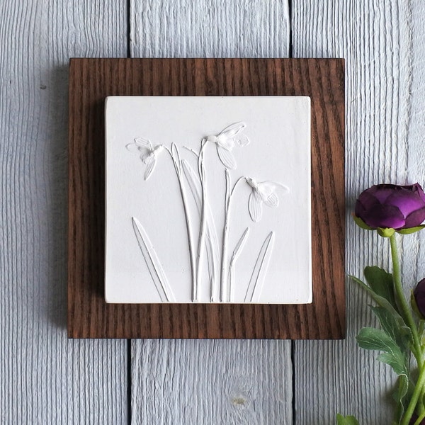 Snowdrop No.1 Limited Edition, Plaster Cast Plaque, botanical art, flower tile, nature art, gifts for her, wedding gifts, gifts for home