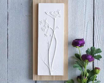 Cow Parsley No.3  Plaster Cast plaque Mounted on Wood, botanical art, flower tile, nature art, gifts for her, wedding gifts, gifts for home