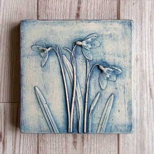 Snowdrop No.1 Limited Edition, Plaster Cast Plaque, botanical art, flower tile, nature art, gifts for her, wedding gifts, gifts for home image 3