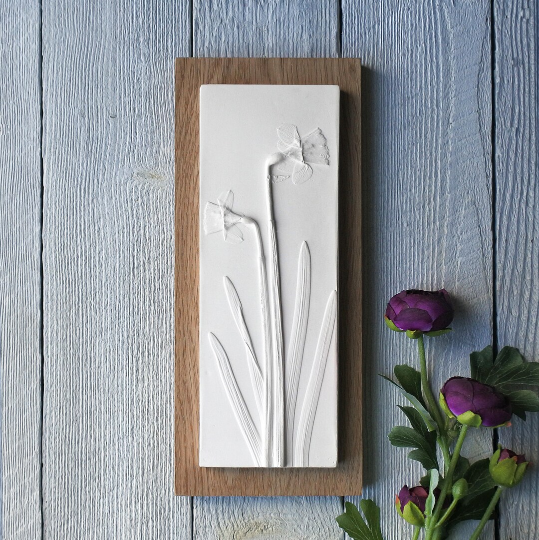Daffodils Plaster Cast Tile Mounted on Wood, Botanical Art, Flower Tile