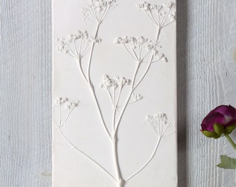 May include: A white plaster wall art piece featuring a pressed dried flower design. The flower is a delicate white wildflower with a long stem and multiple branches.