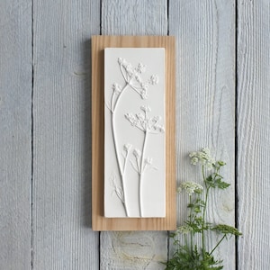 Cow Parsley No.1  Plaster Cast Tile Mounted on Wood, botanical art, flower tile, nature art, gifts for her, wedding gifts, gifts for home