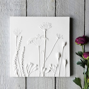 Autumn No.1, Plaster Cast Wall Art - 20 x 20cm (8 x 8'') Flower art tile, botanical art,  bas relief plaster, nature art, home decor