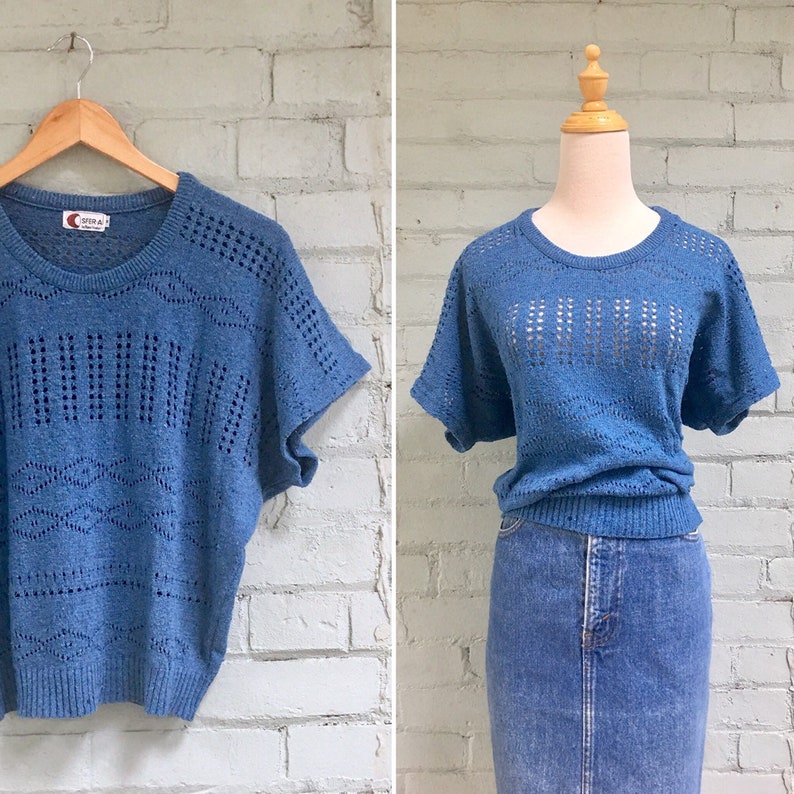 vintage 1970s pointelle sweater 70s navy sweater vest open weave knit tee layering lightweight sweater