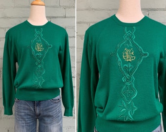 Vintage 80s Embroidered Green Sweater: Thin Knit Pullover - Medium