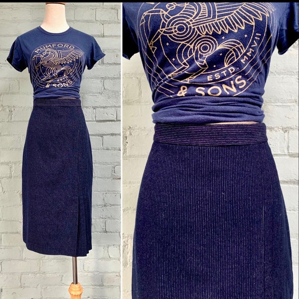 vintage 1980s pinstripe secretary skirt midi 80s pencil skirt navy blue preppy front kick pleat slit skirt mod academia classic / small