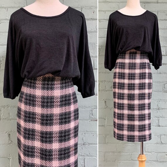 vintage 1980s wool plaid skirt / 80s midi pencil s