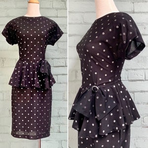 vintage 1980s polka dot dress 80s black short sleeve peplum dress mod cocktail party coquette evening elegant feminine / small