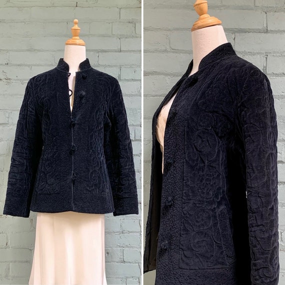 vintage 1970s quilted velvet jacket / 70s black ve