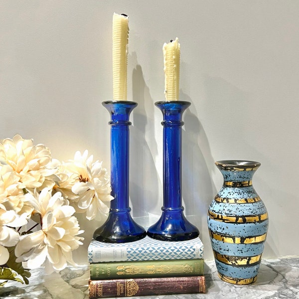 vintage blue glass candlesticks pair tall glass candle holders set of 2 tableware boho elegant dramatic home decor decorative