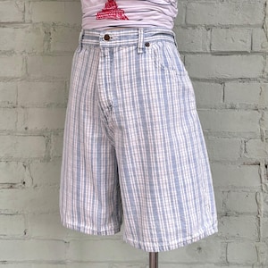 vintage 1980s striped jean shorts 80s high rise flat front long denim shorts retro classic hipster casual / medium