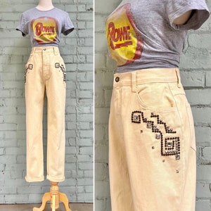 vintage 1980s pale yellow embellished jeans 80s rhinestone high waisted straight leg denim casual mod fashion mom jeans / small