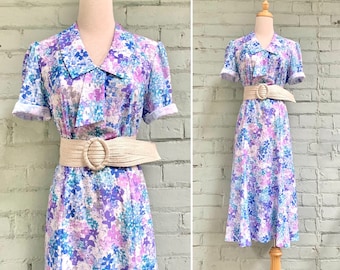 vintage 1980s floral secretary dress midi 80s short sleeve shift dress mod pretty romantic cottagecore day dress / medium