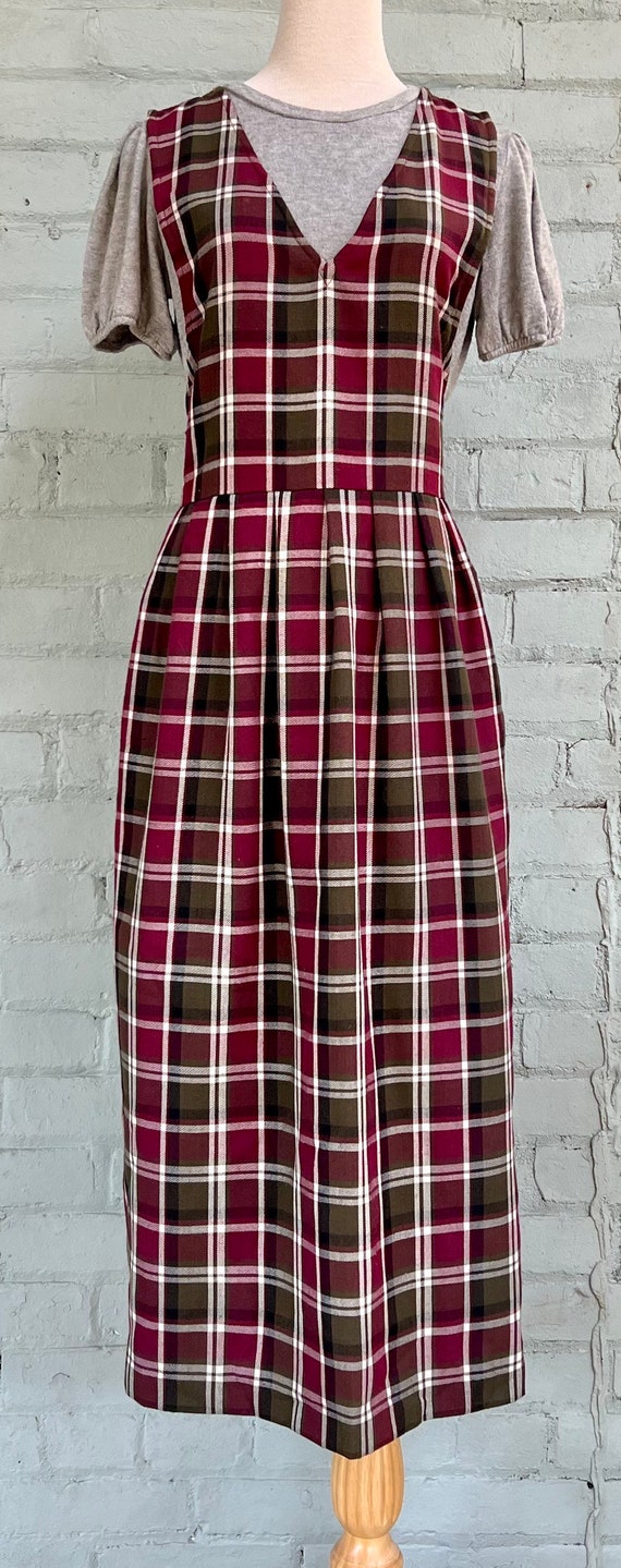 vintage 1990s plaid pinafore dress / 90s midi tar… - image 2