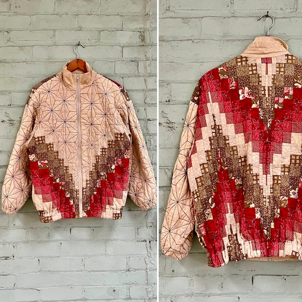 vintage 1980s quilt coat 80s quilted bomber jacket boho patchwork casual handmade ooak cottagecore jacket / large